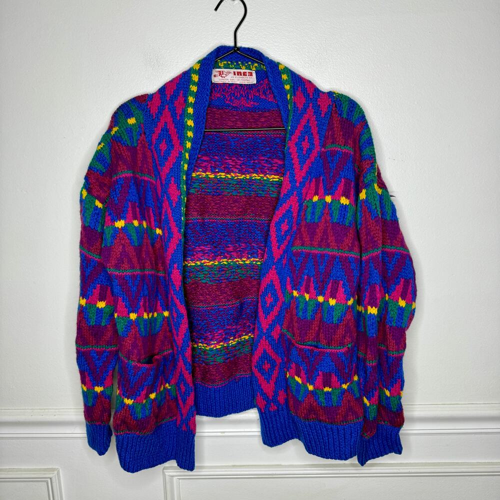 Inca Hand Made in Peru 100% Wool Colorful Abstract Open Cardigan Womens Medium